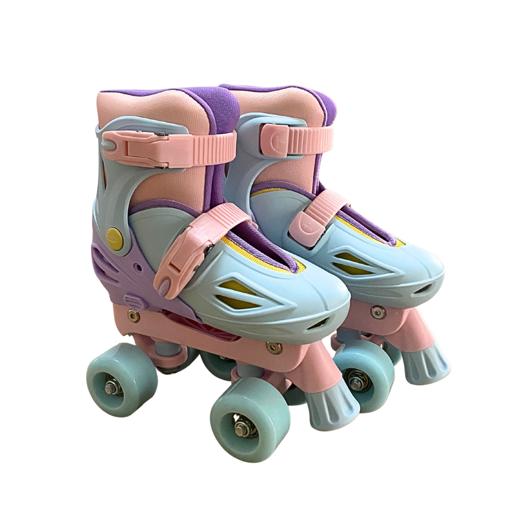 Squad Skates Rave Adjustable Quad Skates for Kids (S/EU31-EU34 to L/EU39-EU42)-P.Blue/Purple/Pink