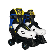Load image into Gallery viewer, Squad Skates Rave Adjustable Quad Roller Skates for Kids (XS/EU27-EU30 to L/EU39-EU42)-Black/White/Blue