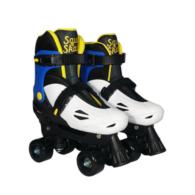 Squad Skates Rave Adjustable Quad Roller Skates for Kids (XS/EU27-EU30 to L/EU39-EU42)-Black/White/Blue