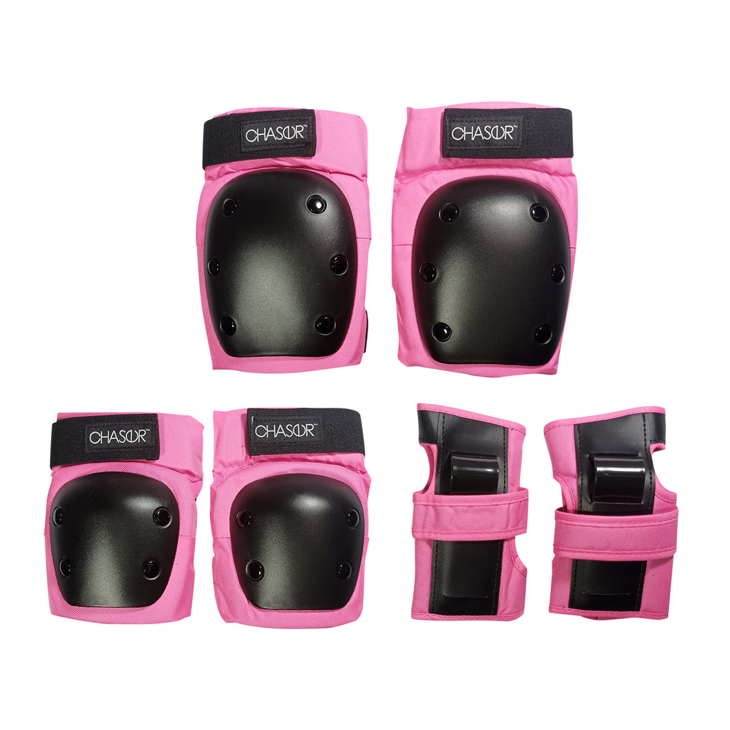 Chaser 6 pcs. Knee Elbow Wrist Pads Sports Protective Gear Set for Skating Skateboarding Cycling Kick Scooter (E028) Small to Large -Pink